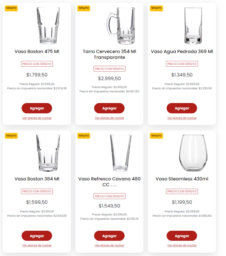 Algunos de los vasos con descuento en Coto (Foto: Coto).